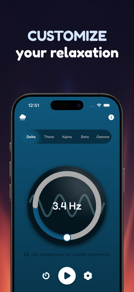 Delta Waves+ Sleep Now - Interface do aplicativo Delta Waves plus mostrando um controle deslizante de frequência circular ajustado para 3,4 Hz para relaxamento personalizado