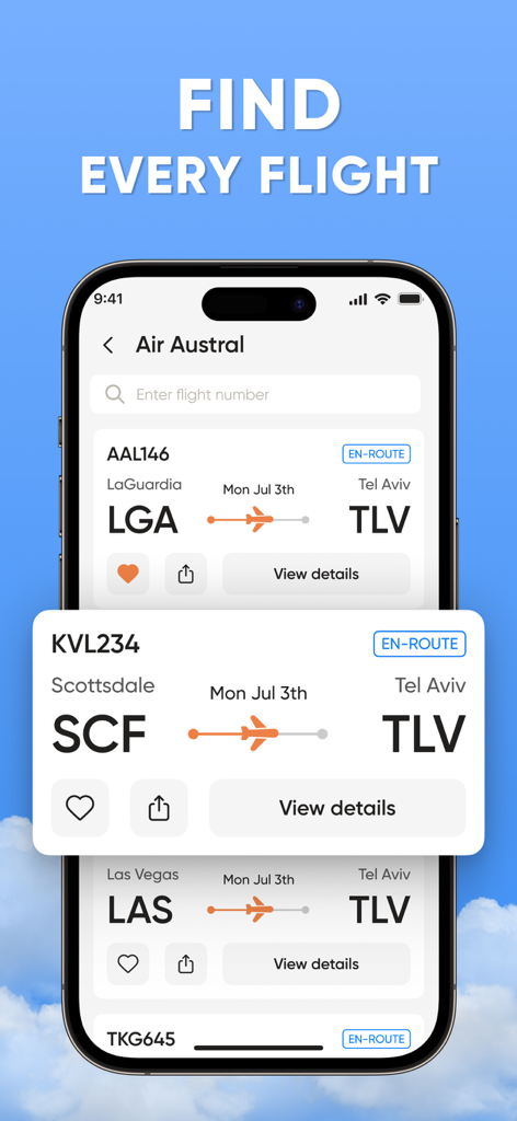 iPhone display showing the search results for various flights in the Flight Tracker app