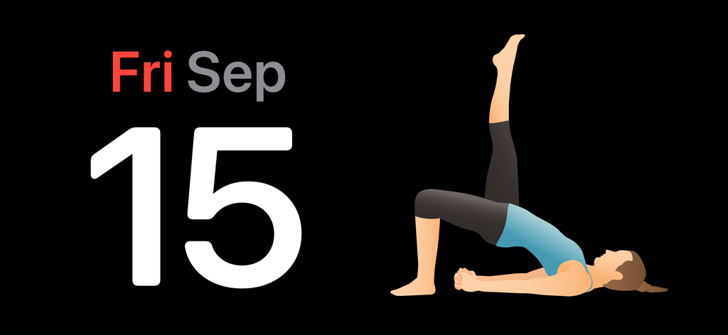 Pocket Yoga - Pocket Yoga app widget showing the current date and an illustration of a one-legged bridge pose