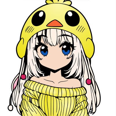 anime girl with chick shaped hat with sweater with bare shoulders with bangs covering them one eye with low tail