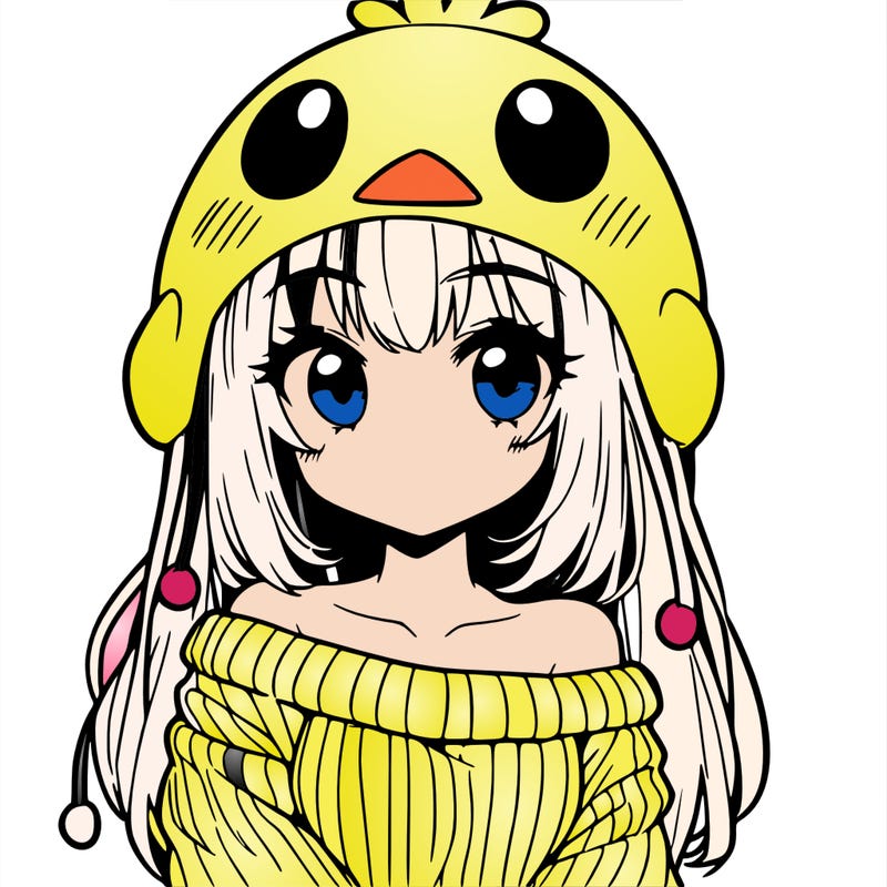 anime girl with chick shaped hat with sweater with bare shoulders with bangs covering them one eye with low tail
