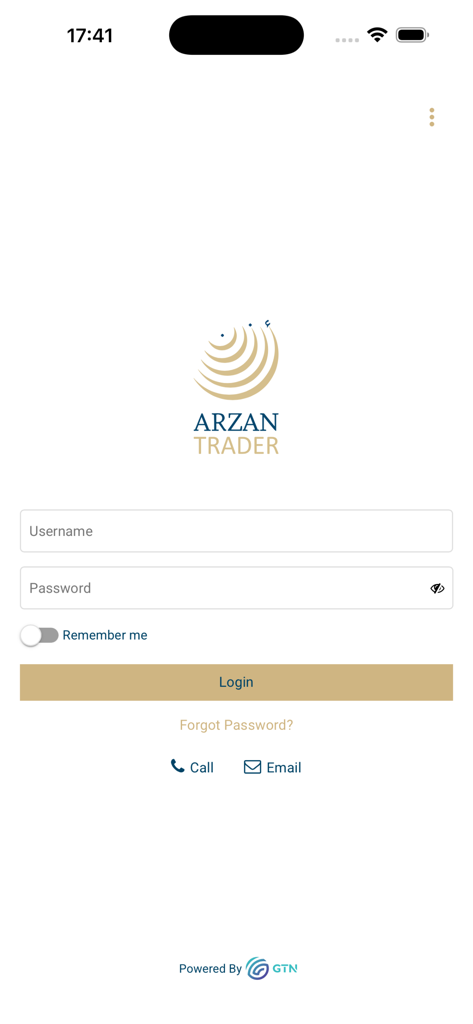 Arzan Trader - Écran de connexion de l'application Arzan Trader avec les champs de saisie du nom d'utilisateur et du mot de passe