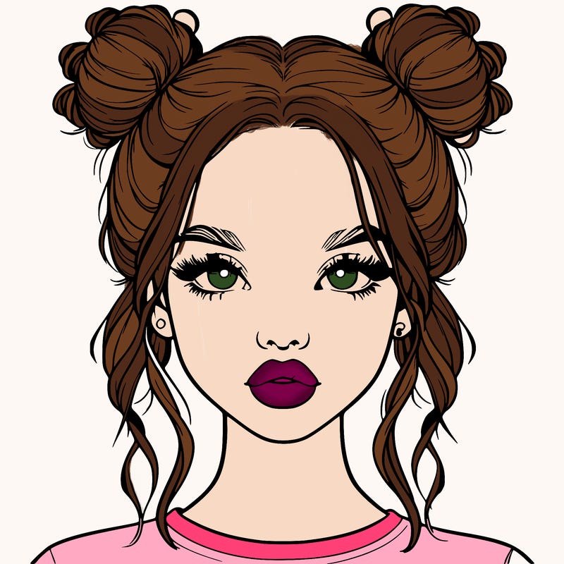 realistic girl with two buns in hair and lips