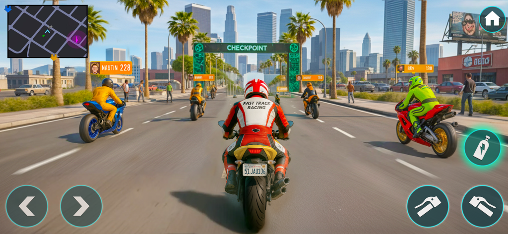 City Bike Driving 3D Openworld - Motorcyclists racing on a sunny city street towards a checkpoint in City Bike Driving 3D.