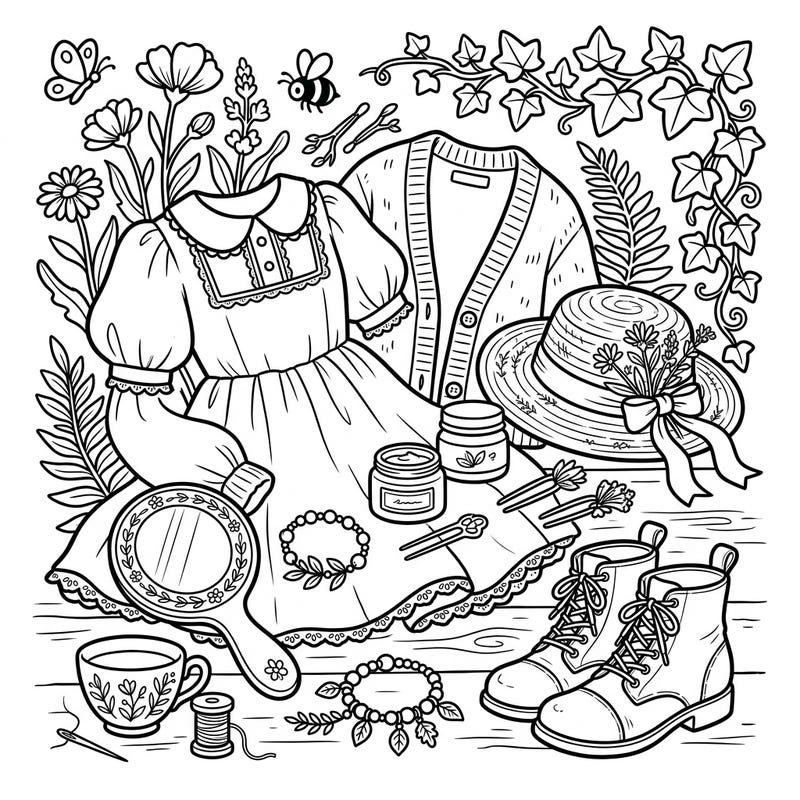 Embrace the adorable charm of cottagecore fashion with this delightful Kawaii coloring page. Discover cute outfits, beauty items, and nature-inspired accessories waiting for your artistic flair.