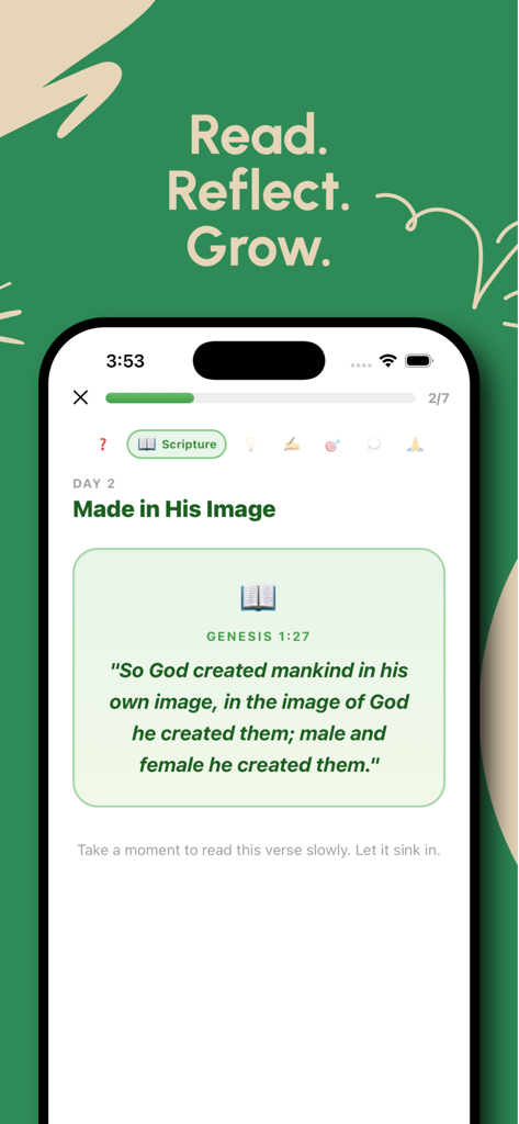 Plantd: Bible & Devotionals - Captura de pantalla de la aplicación Plantd que muestra una lectura bíblica diaria de Génesis con el titular Hecho a Su Imagen.