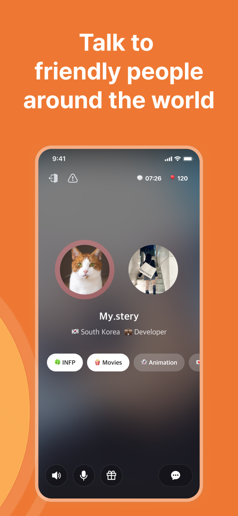 Maum: 1 on 1 Voice Chat - Maum app interface showing a one on one voice chat screen with a user profile from South Korea