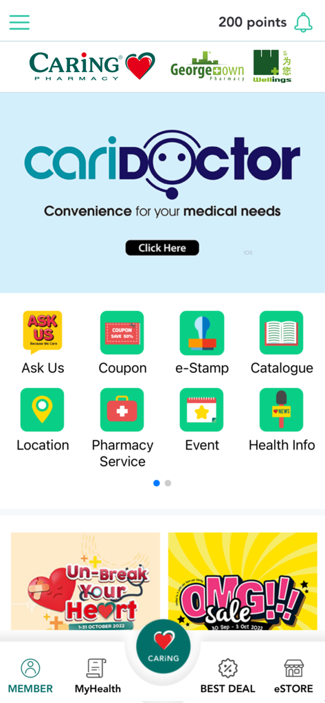 Home screen of the Caring Membership app showing loyalty points and pharmacy services