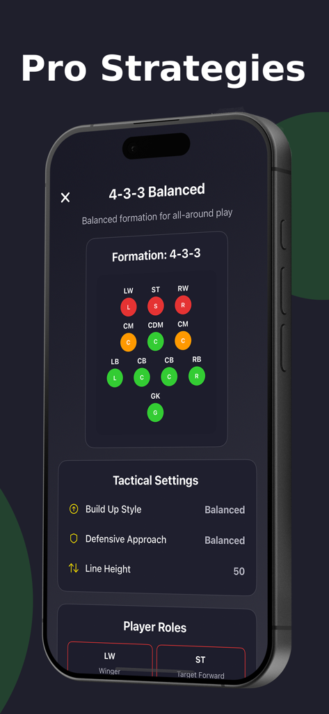 FC26 Pro Tactics and Skills - Interfaz de la aplicación Tácticas Pro de FC26 mostrando una formación de fútbol equilibrada 4-3-3 y ajustes tácticos.