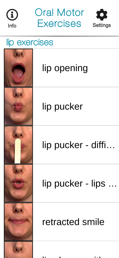 SmallTalk Oral Motor Exercises - Speech therapy app interface displaying a menu of lip exercises with visual mouth movement guides