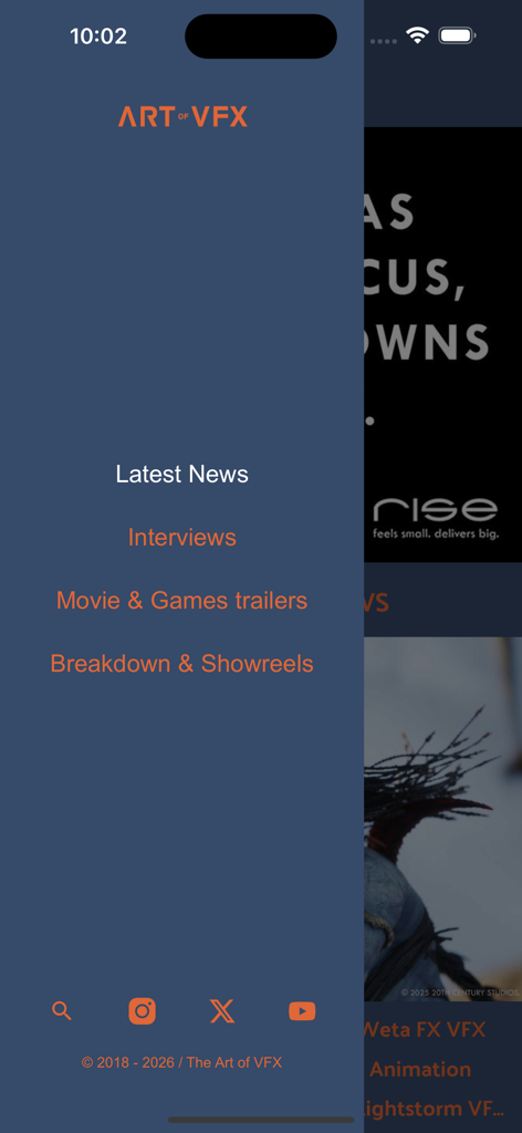 The Art of VFX - The Art of VFXモバイルアプリのナビゲーションメニュー。ニュース、インタビュー、分析のカテゴリが表示されています。