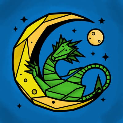 origami dragon curled up around the moon