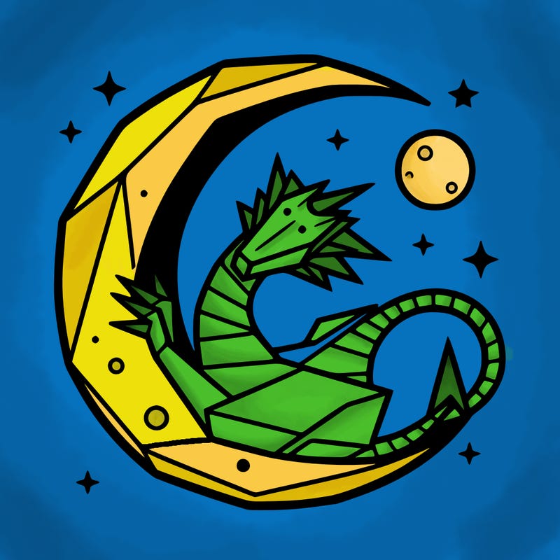 origami dragon curled up around the moon