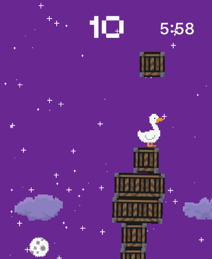 Pixel art duck character standing on stacked wooden crates in a night sky.