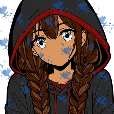 anime girl with long braids and hoodie