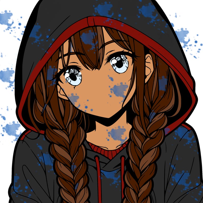 anime girl with long braids and hoodie