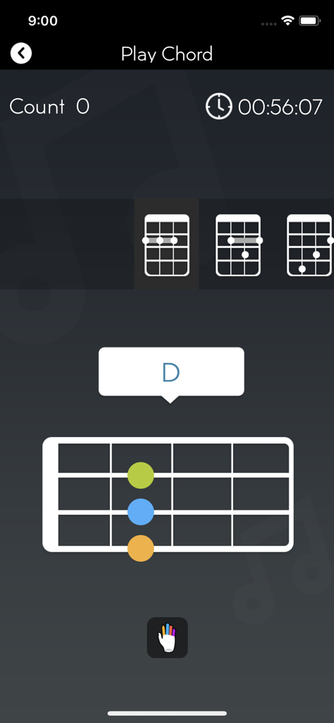 A visual guide on a mobile app showing finger placements for playing a D chord on a ukulele