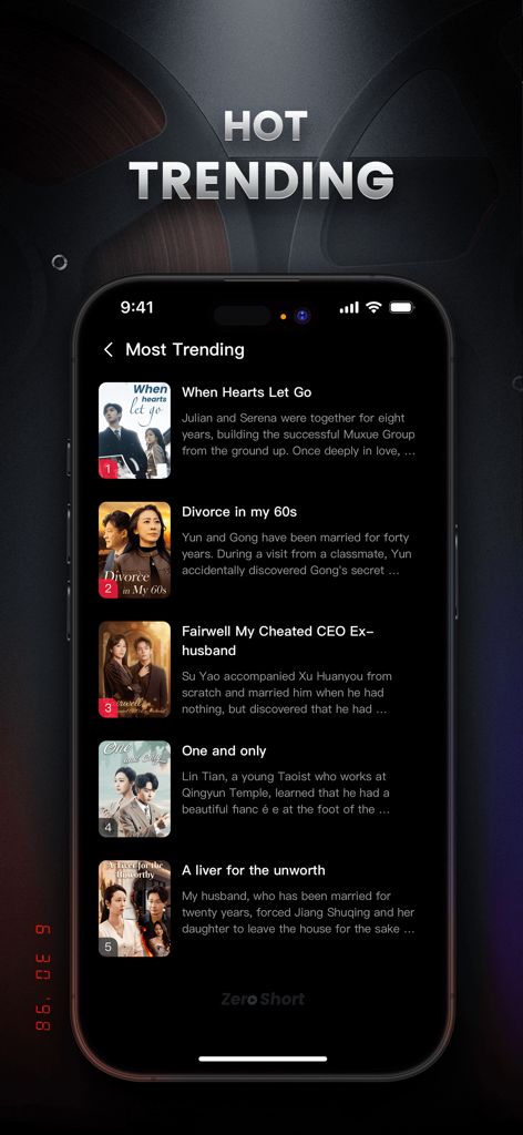 Smartphone screen showing a list of trending short-form dramas on the ZeroShort app including titles like Divorce in my 60s and Farewell My Cheated CEO Ex-husband.