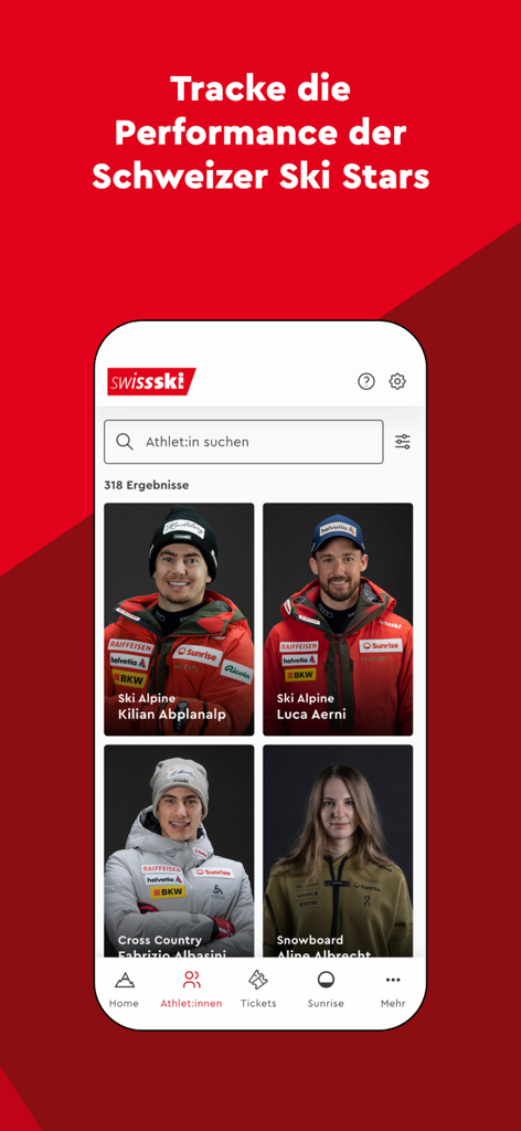 Der Athletenbereich der Swiss-Ski-App zeigt Profile von alpinen Skifahrern, Skilangläufern und Snowboardern.
