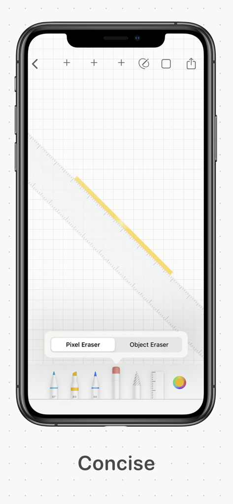 Blankbook app interface showing a virtual ruler and drawing tools with pixel and object eraser options on grid paper