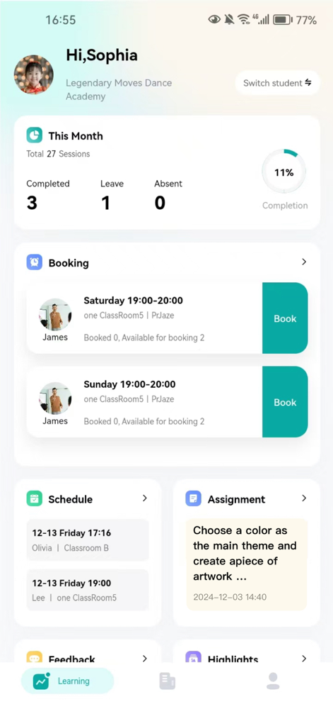Artstep Student-Manage Classes - Dashboard dell'app Artstep Student che mostra l'orario delle prenotazioni delle lezioni e i progressi di apprendimento mensili