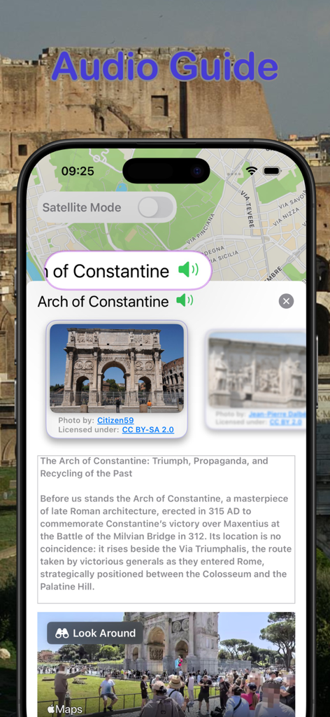 Rome History & Art Guide - Pantalla de smartphone que muestra una audioguía para el Arco de Constantino con descripciones históricas y mapas.