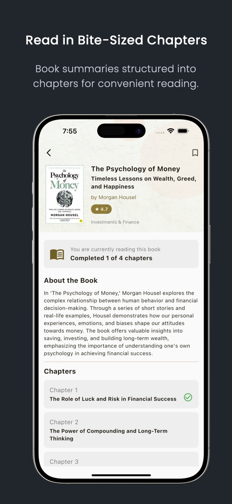 Vivaran: Wisdom in Your Words - A mobile screen showing the Vivaran app interface with bite sized chapters for the book The Psychology of Money