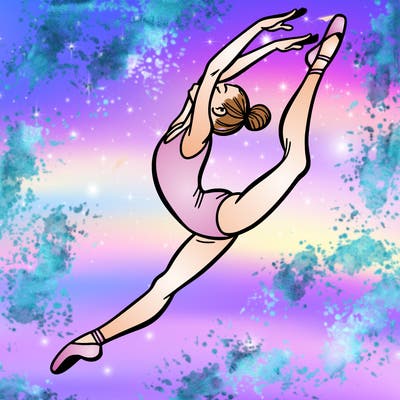 gymnast doing a leap in a leotard with a bent back leg