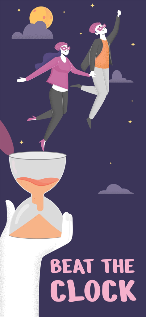 Slyde: Meet, Match & Move on - Ilustração de um casal voando no céu noturno acima de uma ampulheta com o texto "Beat the Clock"