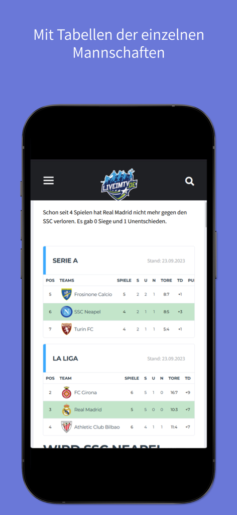Classements des ligues de football pour la Serie A et La Liga sur l'application Live im TV