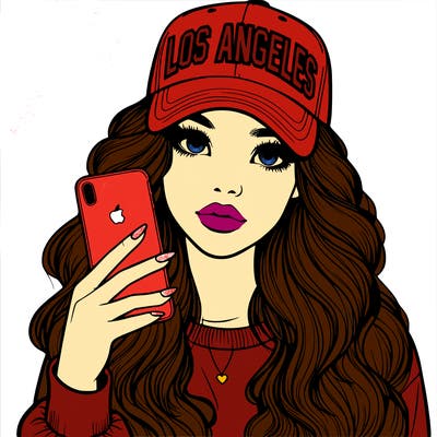 realistic beautiful girl wearing los ángeles cap holding an iphone