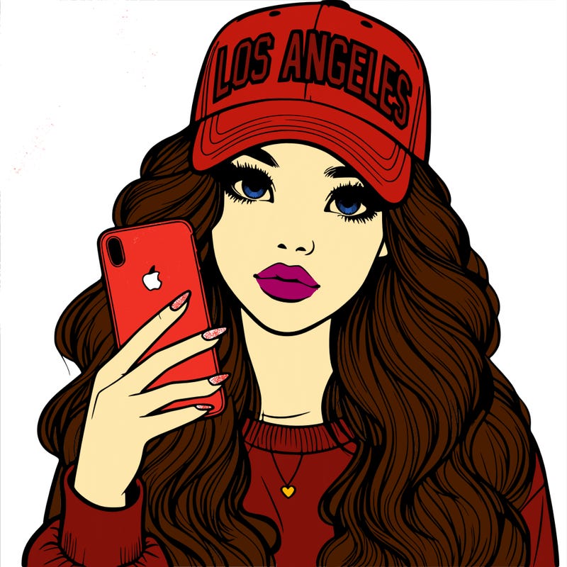 realistic beautiful girl wearing los ángeles cap holding an iphone
