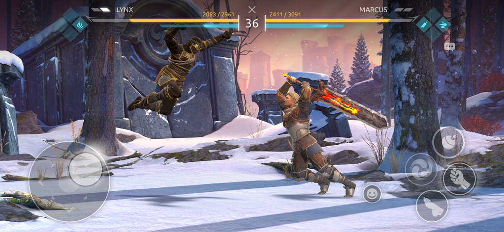 Dois heróis em combate dentro de um ambiente nevado em Shadow Fight 4 Arena gameplay.