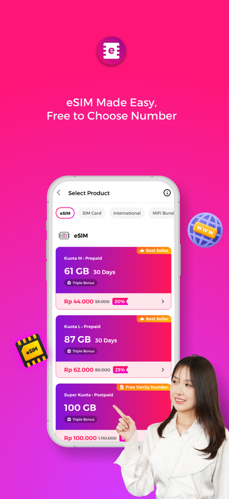 Selection of eSIM data plans in the MySmartfren app for Indonesian mobile service.