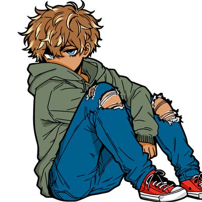 a male hoddie ripped jeans messy hair anime