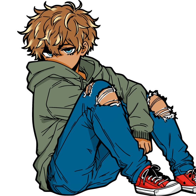 a male hoddie ripped jeans messy hair anime