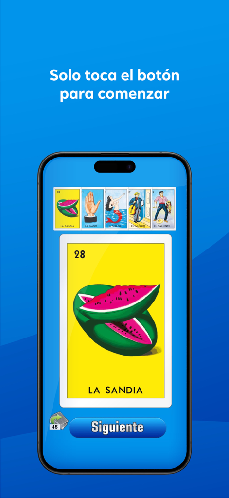 Interfaccia del gioco di carte Loteria Messicana che mostra la carta dell'anguria e il pulsante successivo