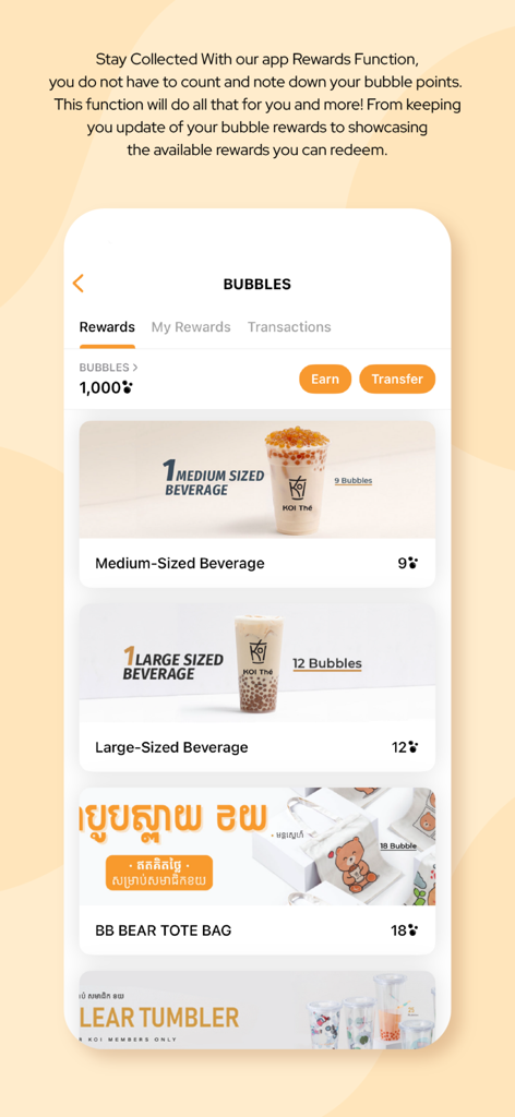 KOI Thé Cambodia - KOI The Cambodia app screen showing bubble reward points and redeemable items