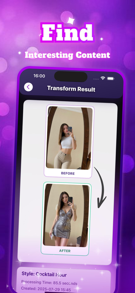 Hunee - Explore, Share - A before and after comparison showing a woman using the Hunee app to virtually try on a sparkly silver cocktail dress