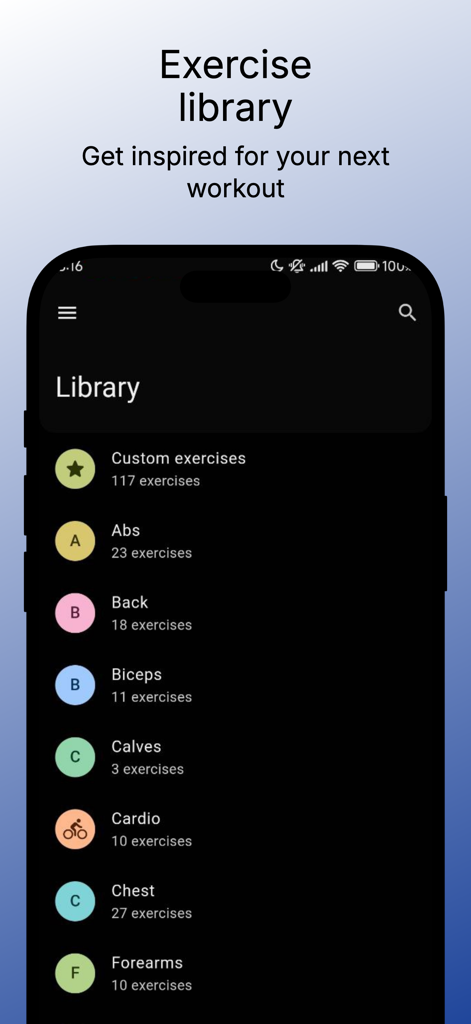 Gym Bro - Your Workout Buddy - 腹筋、背中、上腕二頭筋のワークアウトカテゴリを表示するGym Broアプリのエクササイズライブラリインターフェース
