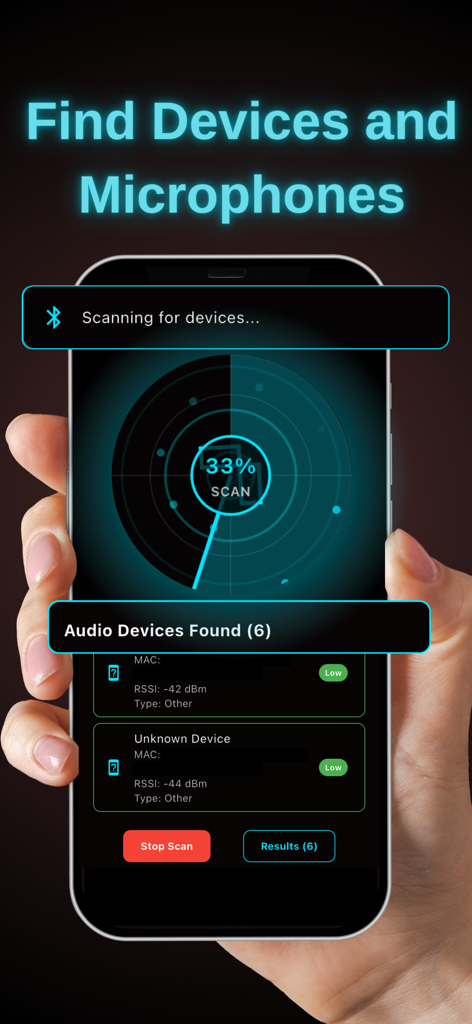 Hidden Microphone Detector SM - Smartphone screen displaying a radar scan for hidden audio devices and microphones in the SpyMic app