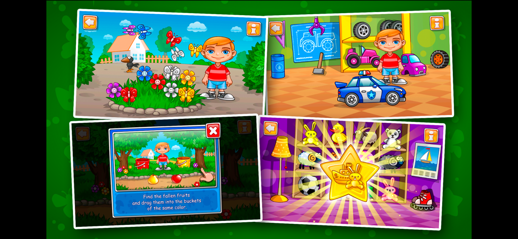 Screenshots of educational mini games for toddlers from Jacks House app