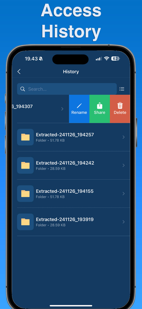 RAR Opener - Screenshot der RAR Opener App, der den Extraktionsverlauf mit Optionen zum Umbenennen, Teilen und Löschen von Dateien anzeigt