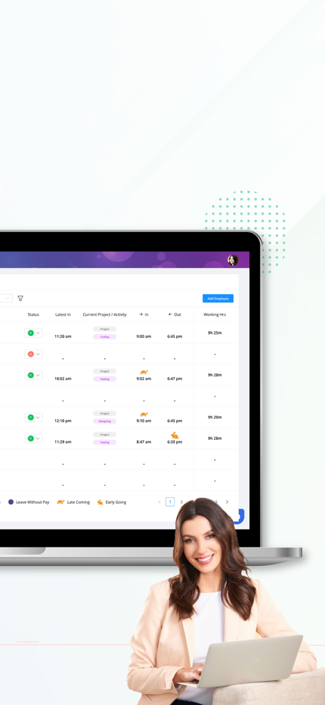 factoTime - Attendance App - A business manager using the factoTime web portal to track employee attendance and working hours on a laptop.