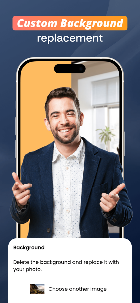 Captions Maker: Video Subtitle - 男性がカスタムオフィス環境に動画の背景を置き換えているCaptions Makerのモバイルインターフェース。