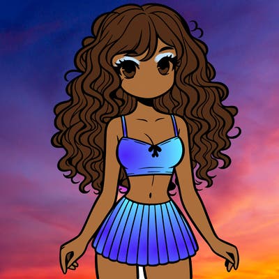 crop top girl with very short skirt and curly long hair