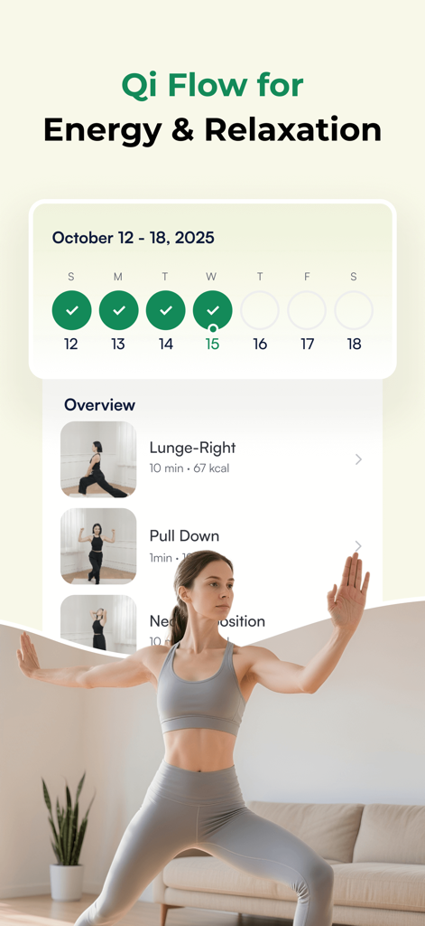 ZenFit app screen showing Qi Flow for energy and relaxation with a woman practicing Tai Chi.