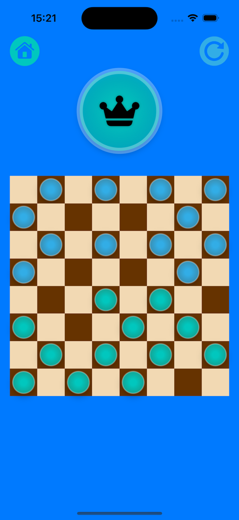 Un tablero de damas digital con piezas azules y turquesas sobre un fondo a cuadros clásico marrón y tostado.