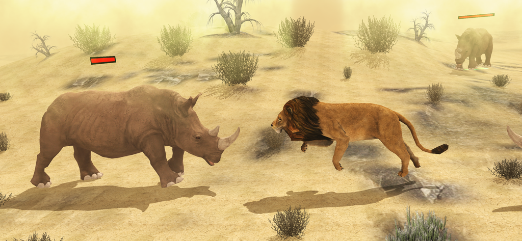 Ultimate Wild Lion Simulator - Un león enfrentándose a un rinoceronte en un entorno desértico dentro del juego Ultimate Wild Lion Simulator.