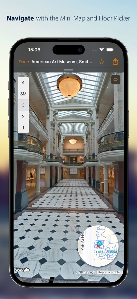 Streets - Street View Browser - Vista panorámica interior de un museo con selector de planta y minimapa en la aplicación Streets.